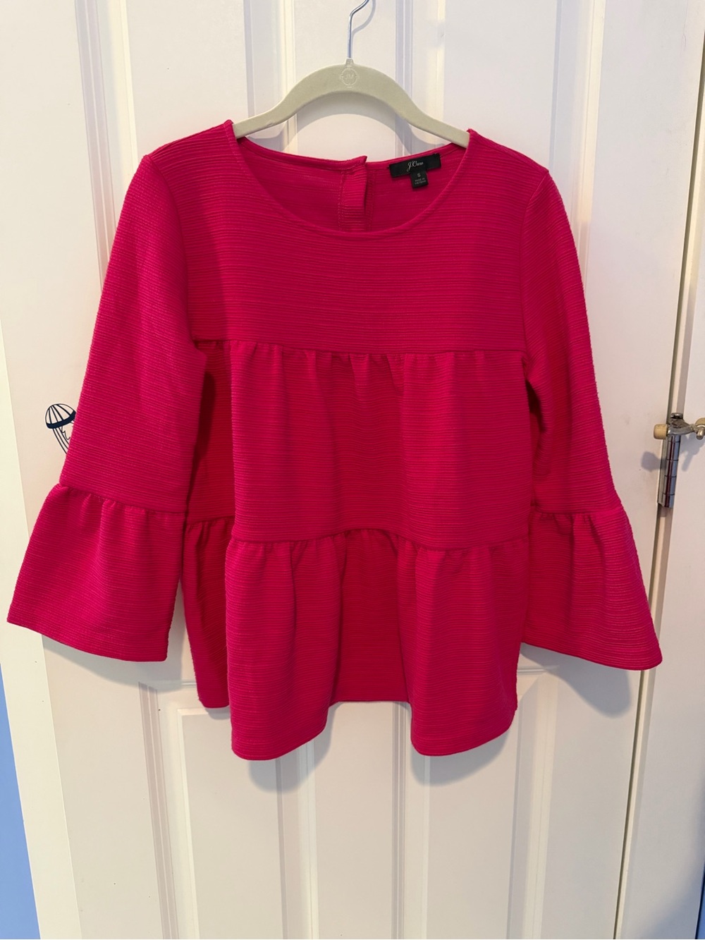 J. Crew Women’s Bright Pink Ribbed Tiered Bell-Sleeve Top